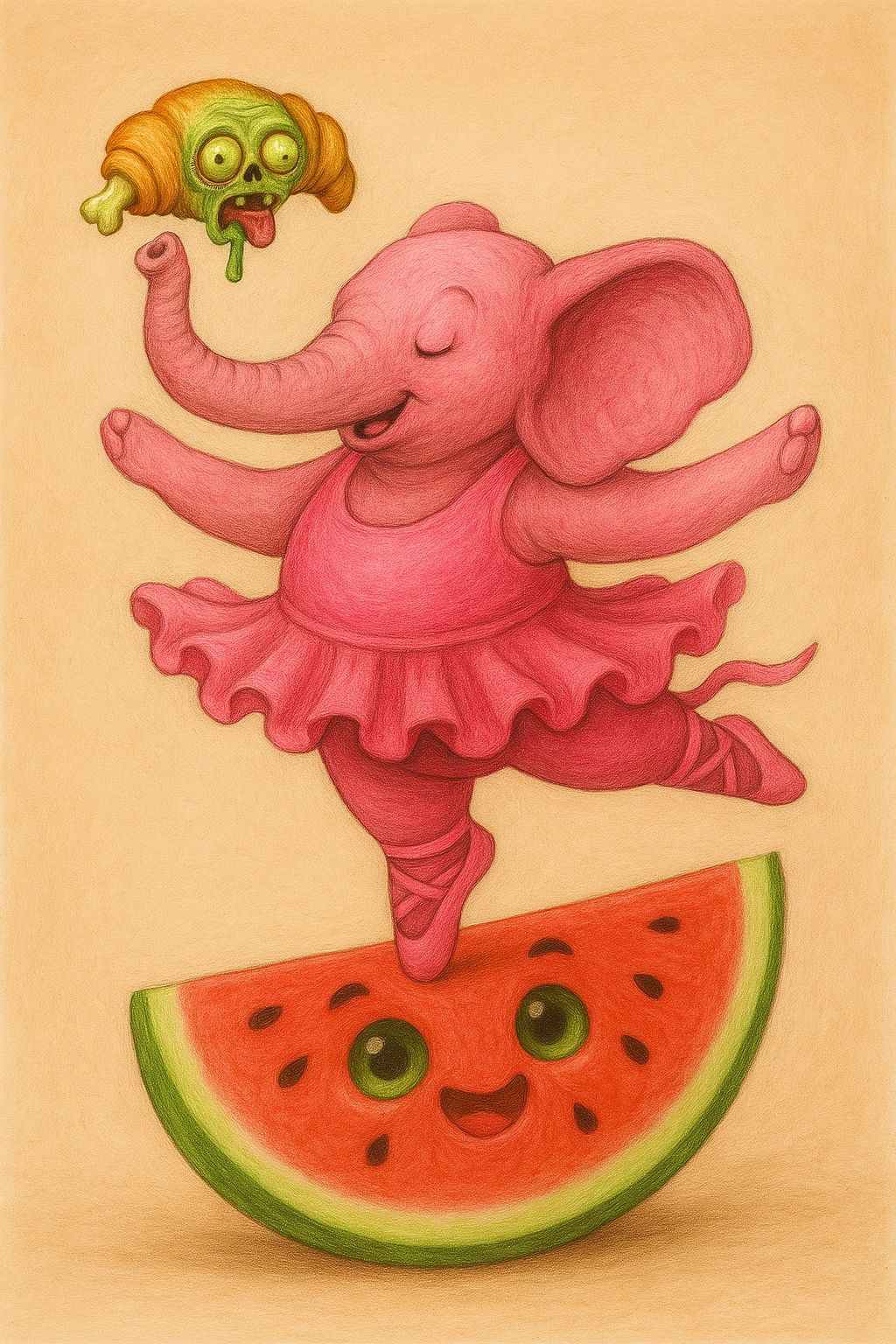 Prompt vs Realität - Bild05 Teamlösung zum Prompt Elefant, der auf einer Melone steht und ein Croissant balanciert