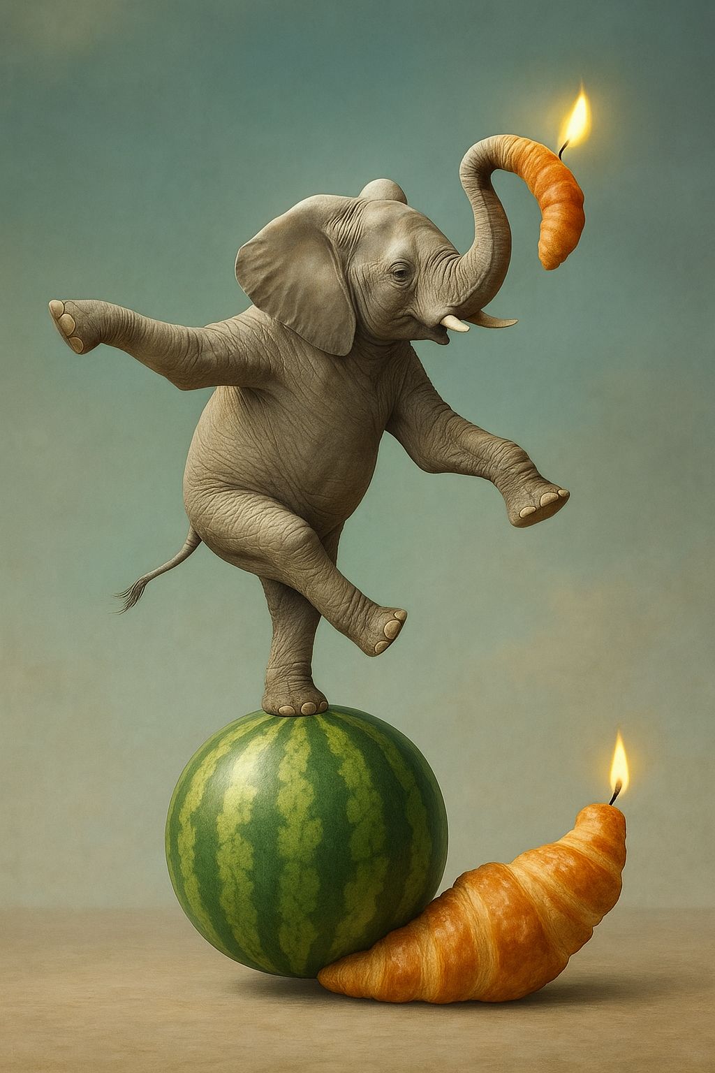 Prompt vs Realität - Bild02 Teamlösung zum Prompt -Elefant, der auf einer Melone steht und ein Croissant balanciert-