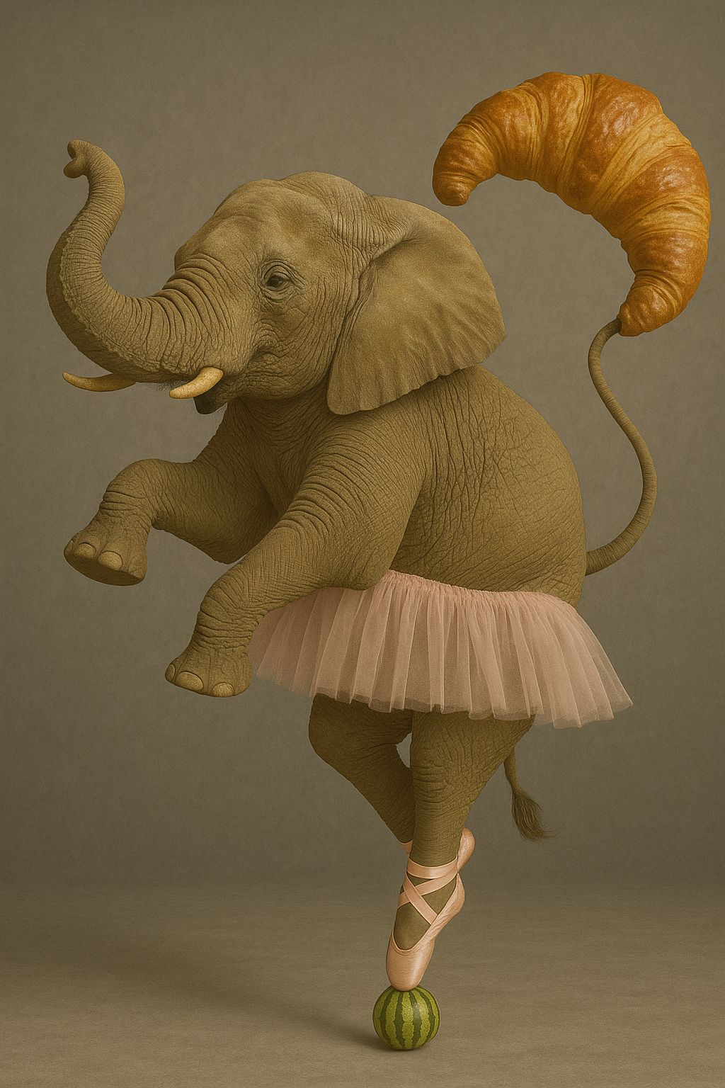 Prompt vs Realität - Bild02 Teamlösung zum Prompt -Elefant, der auf einer Melone steht und ein Croissant balanciert-