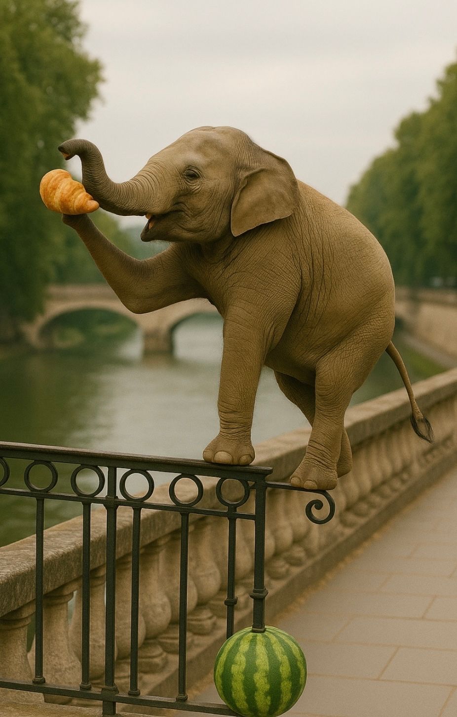 Prompt vs Realität - Bild04 Teamlösung zum Prompt -Elefant, der auf einer Melone steht und ein Croissant balanciert-