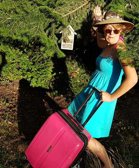 Eine Frau im sommerlichen Outfit mit Sonnenhut und Reisekoffer steht vor einem kleinen Insektenhotel, das in einem Baum hängt. Ihre Grimasse zeigt Ratlosigkeit