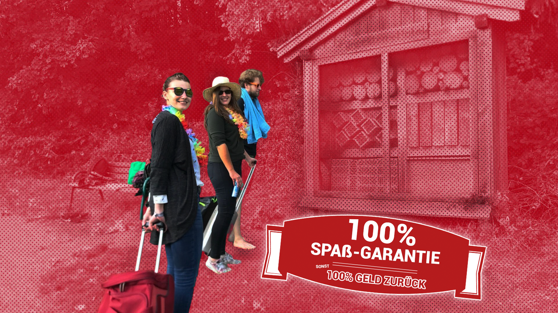 Team mit Koffern auf den Weg in ein Insektenhotel