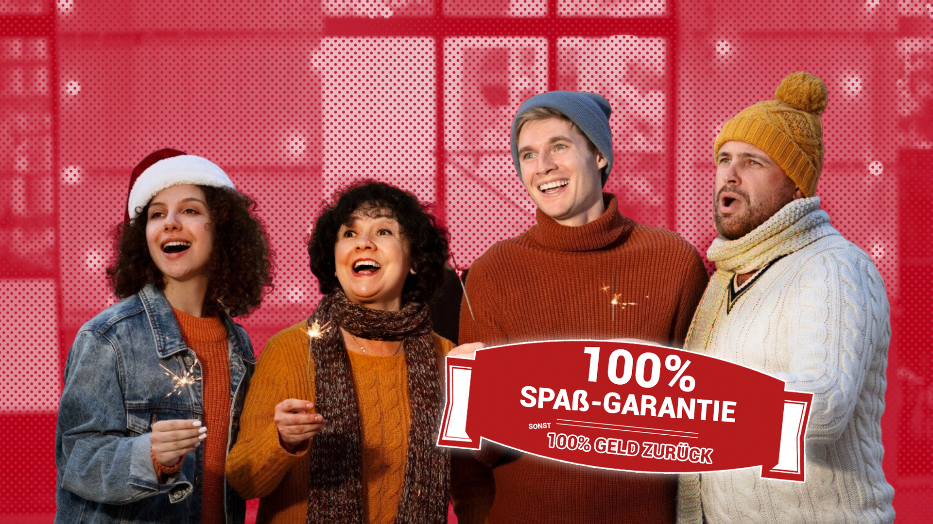 Gruppe auf einer Weihnachtsfeier singt beschwingt Weihnachtslied